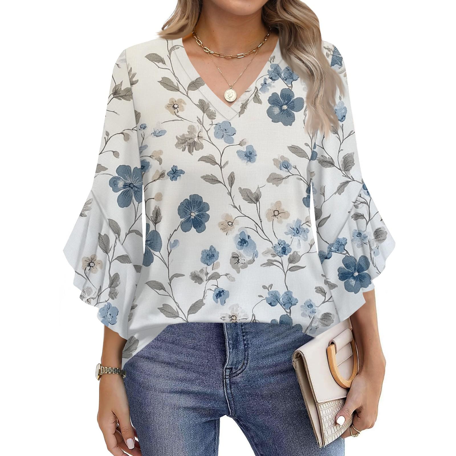 

Blouses For Women Dressy Casual 3/4 Length Sleeve Womens Tops V Neck Tshirts Shirts With Flared Sleeve S