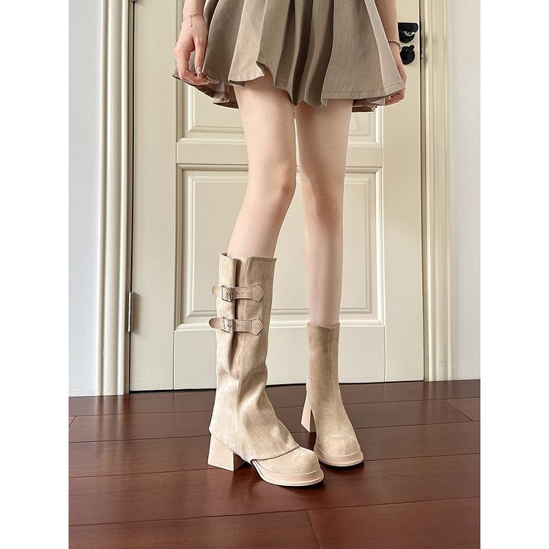 Cowhide~ Autumn and winter tall boots, genuine leather, two wear removable retro high-heeled boots, thick-soled thick-heeled trousers, women's boots