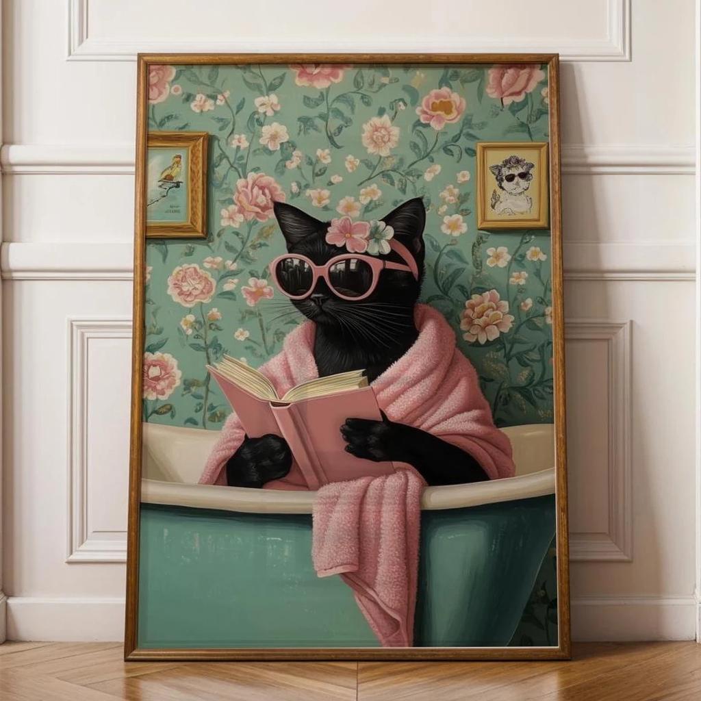 Vintage Black Cat Bathroom Wall Art, Toilet Fun Wall Art, Funny animal Bathroom Art, Quirky Bathroom Wall Decor, Bathroom Print