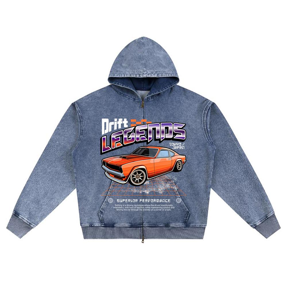 DTG print Knitted Denim Zip-Up Hoodie Drift Legends Racing Car Automotive Brother Print Zipper Hoodies  