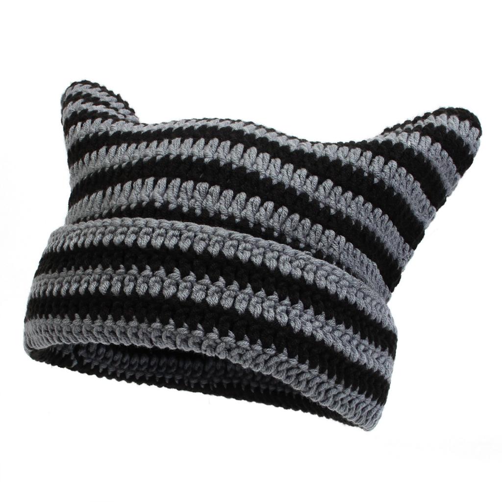 Autumn and Winter New Striped Devil Horn Hand-knitted Hat with Pointed Ears To Show the Face Small Warm Wool Hat Cute Hat for Wo