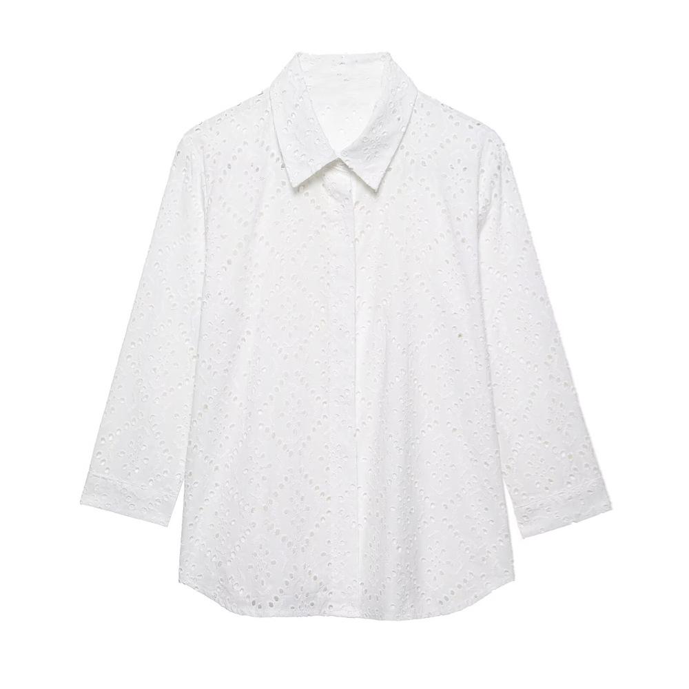 

Spring/Summer 2025 Women s Elegant Hollow Embroidery Collared Shirt Medium белый
