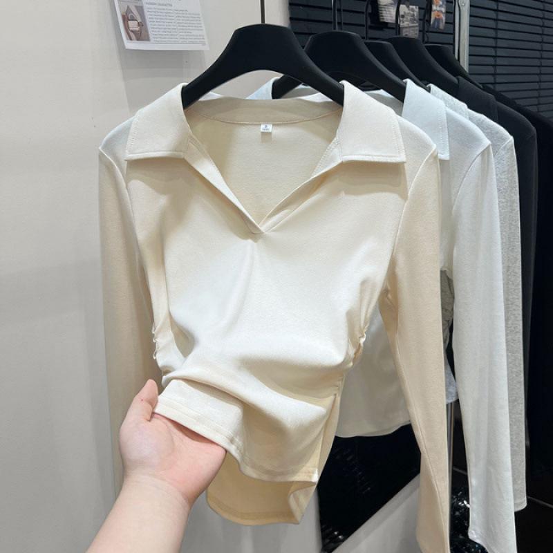 Spring and Autumn New POLO Neck Long Sleeve Women's Slim Skinny Versatile Waist Shoulder T-Shirt