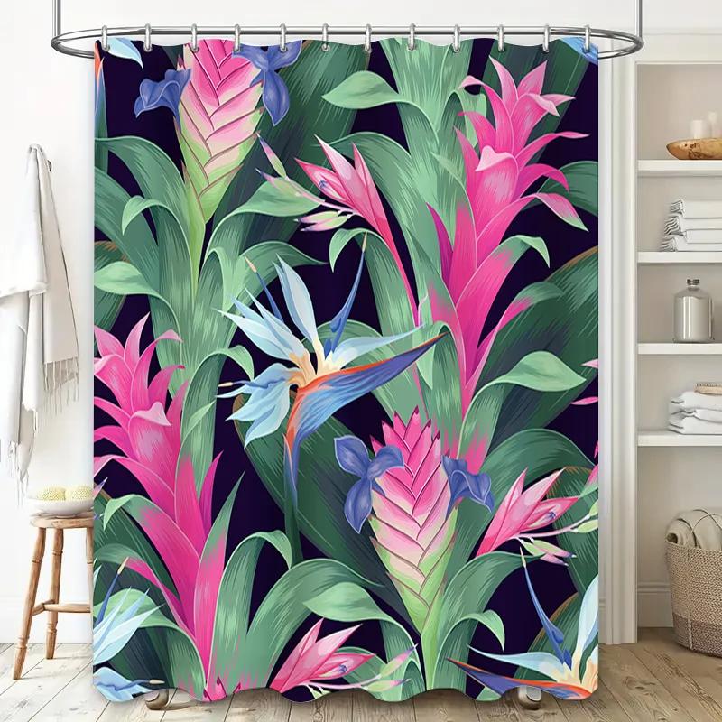 Tropical Floral Print Shower Curtain for Bathroom Decor Waterproof Fabric with Hooks (Green Pink Blue)