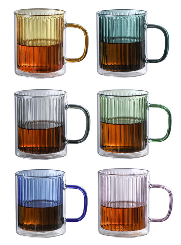 Double-Layer Vertical Stripe Glass Cup with Large Handle for Home, Office, or Coffee Shop Use