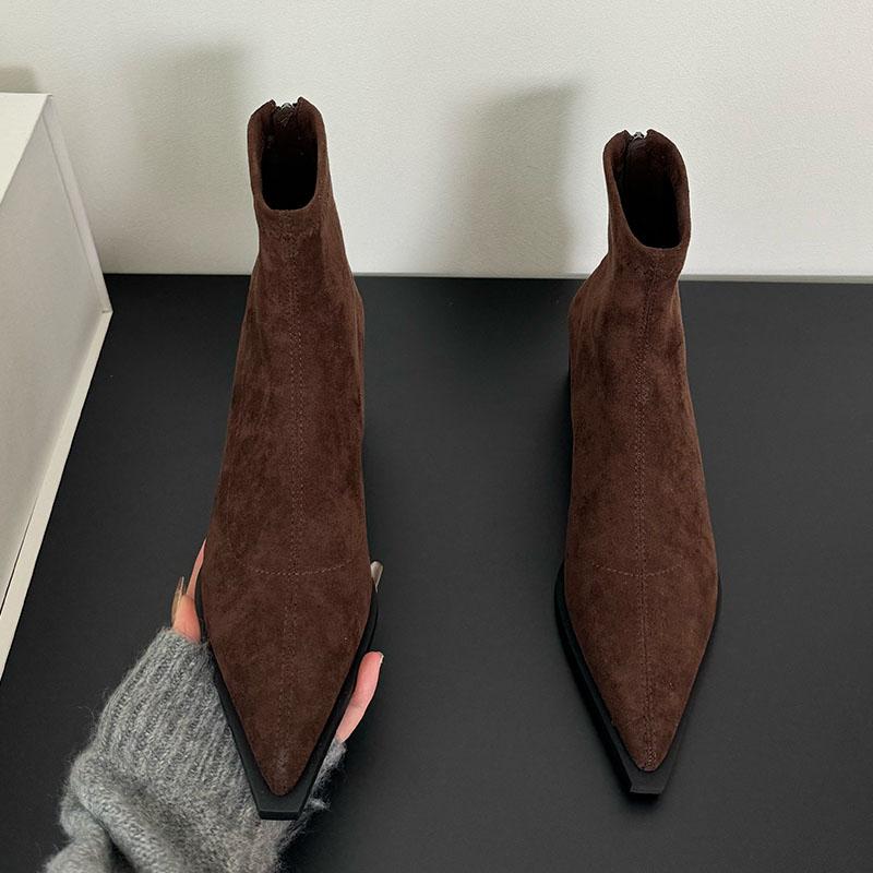 

Мода Мода Флок Обувь Женские Ботильоны на Молнии Обувь Острый Носок Женские Короткие Стрейч Ботильоны Женская Обувь на Каблуках 35