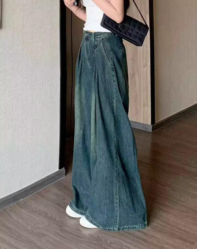 

Женские плиссированные джинсы с высокой посадкой и широкими штанинами, осень 2025, корейский стиль Double Extra Large