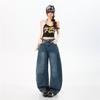 Spring Summer Vintage Blue Heavy Patchwork Tencel Lyocell Casual Silhouette Saber Cut Denim Pants For Ladies Casual Pants Oversize Denim Trousers