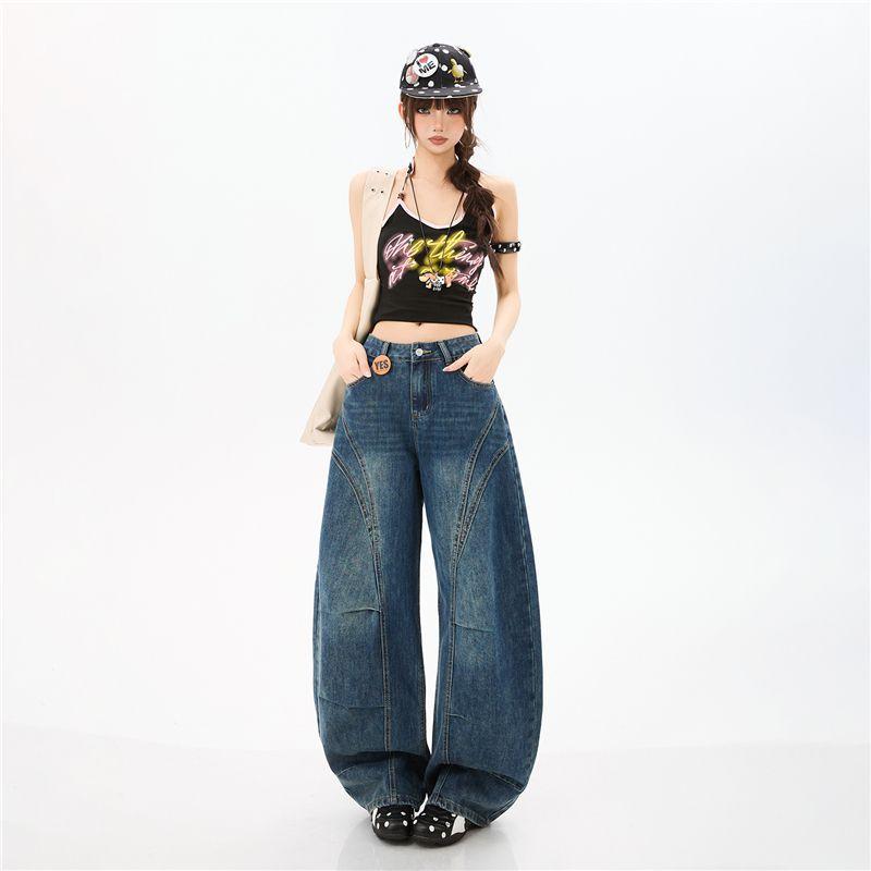 Spring Summer Vintage Blue Heavy Patchwork Tencel Lyocell Casual Silhouette Saber Cut Denim Pants For Ladies Casual Pants Oversize Denim Trousers