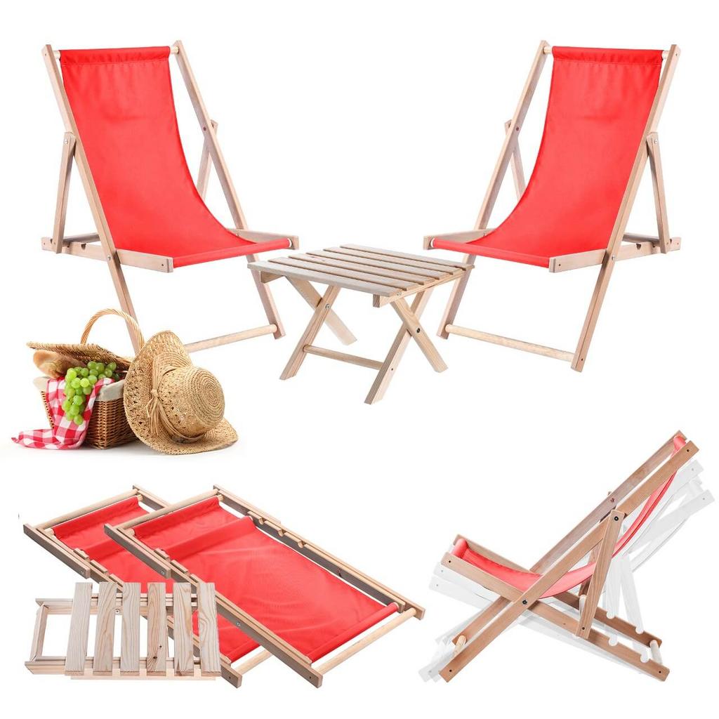 KADAX Set Couchtisch für Liegestühle Natur + 2 Holzliegen
