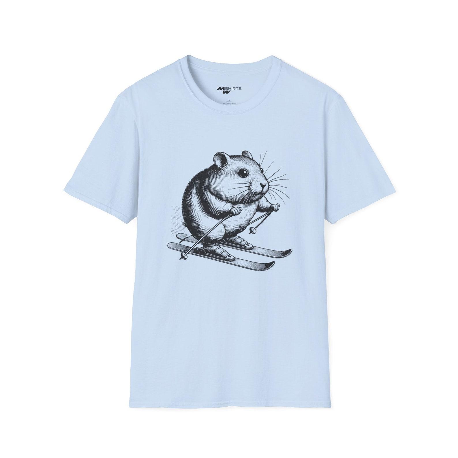 Hamster Skiing T-Shirt: Copper Engraving Style, Unisex Softstyle Tee M