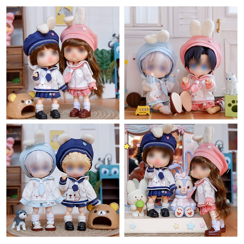 HIGHAWK OB11 Obitsu Doll 11cm Body Sailor Suit Doll Toy Obitsu Body Nendoroid Size Outfit 3 Piece Set (Light BlueRabbit Shorts Set)