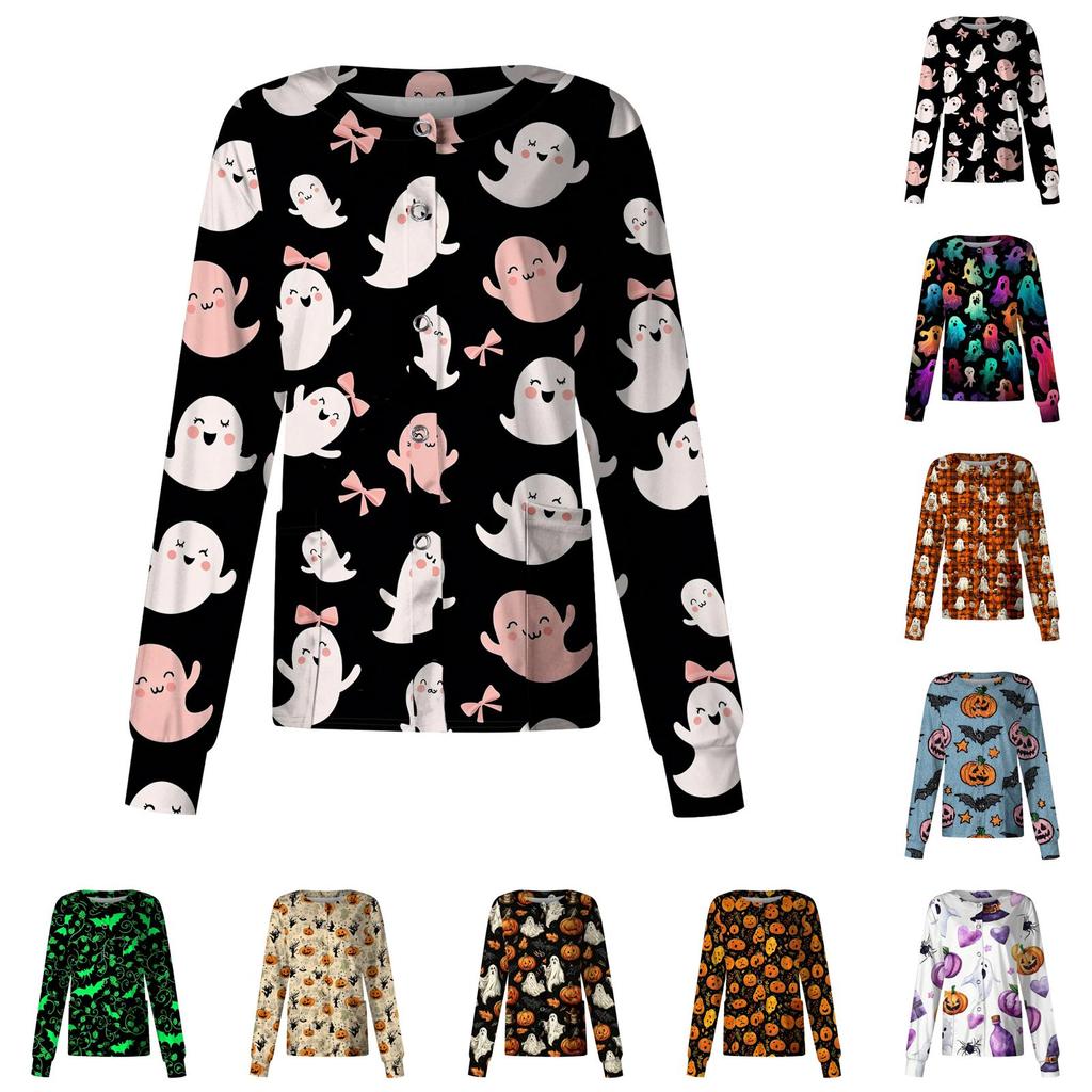 Women Long Sleeve Button Front Cardigan Halloween Print Lightweight Casual Workwear Cover Up Shirt for Caregivers and Daily Wear