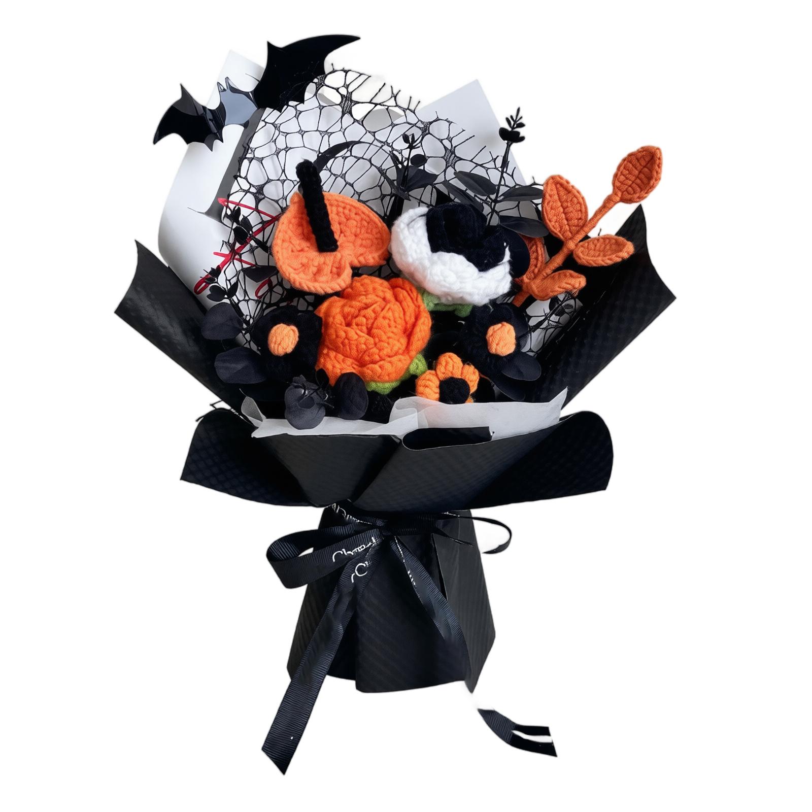 Handgestrickter Blumenstrauß Halloween-Thema Künstliche Kürbis-Tulpen-Rosen-Sonnenblumen Garnblumen Konserviertes Blumenarrangement Festivaldekoration Geschenk One Size gray
