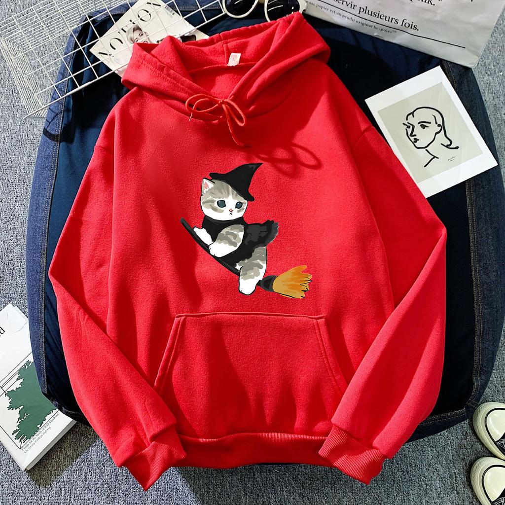 European and American Autumn and Winter Witch Cat Print Hoodie Sweatshirt for Men and Women, Korean Style Casual Tops for Couples