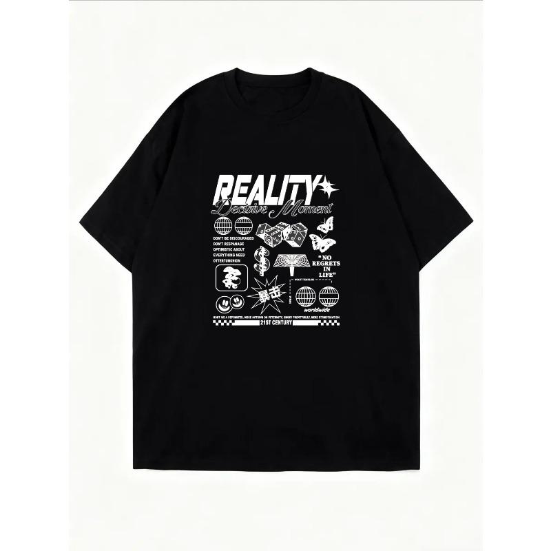 Crewneck T Shirt White Reality Decisive Moment Graphic Print With Book Dice And Symbols Casual Wear For Everyday Outfits