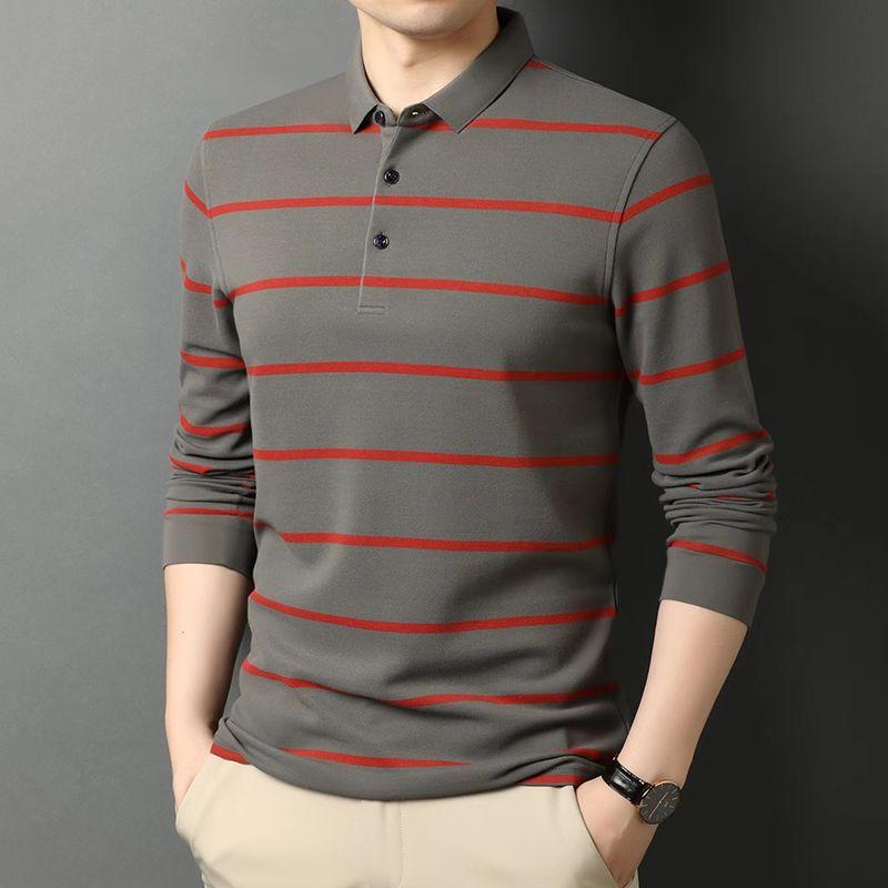 Men's Korean-Style Pullover Cotton Lapel Polo Shirt Long-Sleeve Striped Loose Button T-Shirt