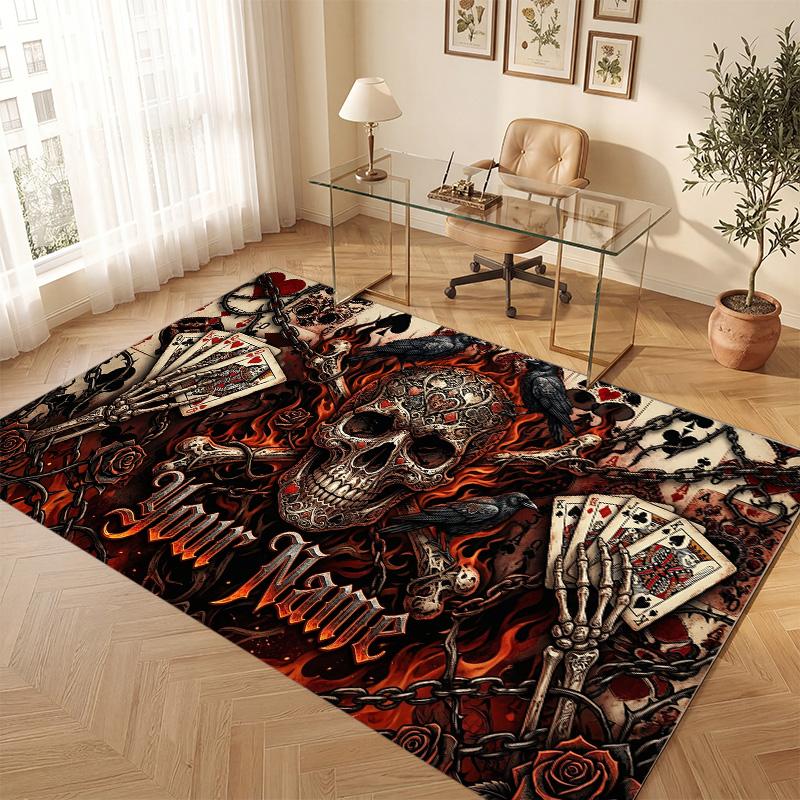 Tappeto Morbido in Velluto di Cristallo Tema Gotico Teschio Stampa Personalizzata Nome e Testo Tappeto Antiscivolo per Camera da Letto Soggiorno
