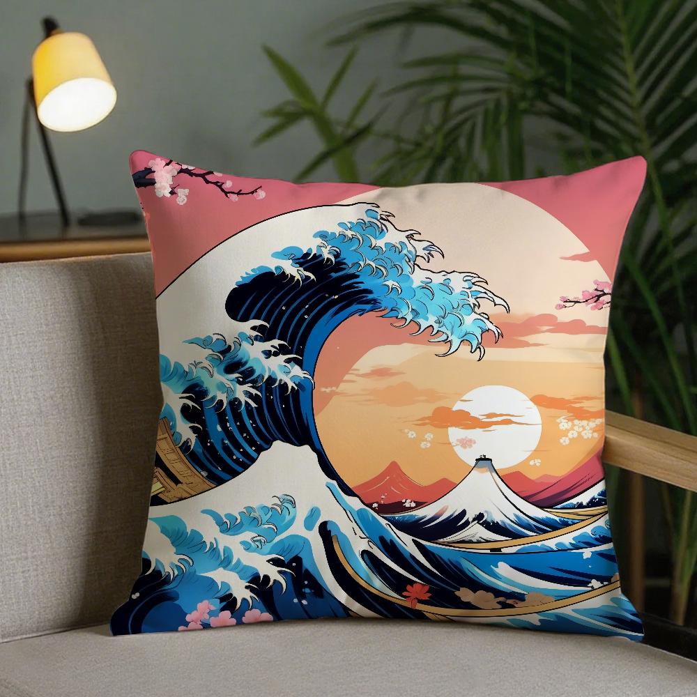 Art The Great Wave Off Kanagawa Pillow Case Square DoubleSided Printing Sofa Cushion Cover Pillowcase Bedroom Bedside