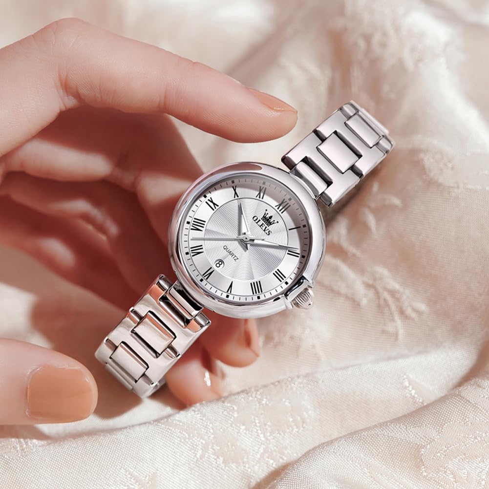 OLEVS Quartz Stainless White Women's Watch, Cute, Lightweight, Steel, Waterproof, Luminous, Gift,