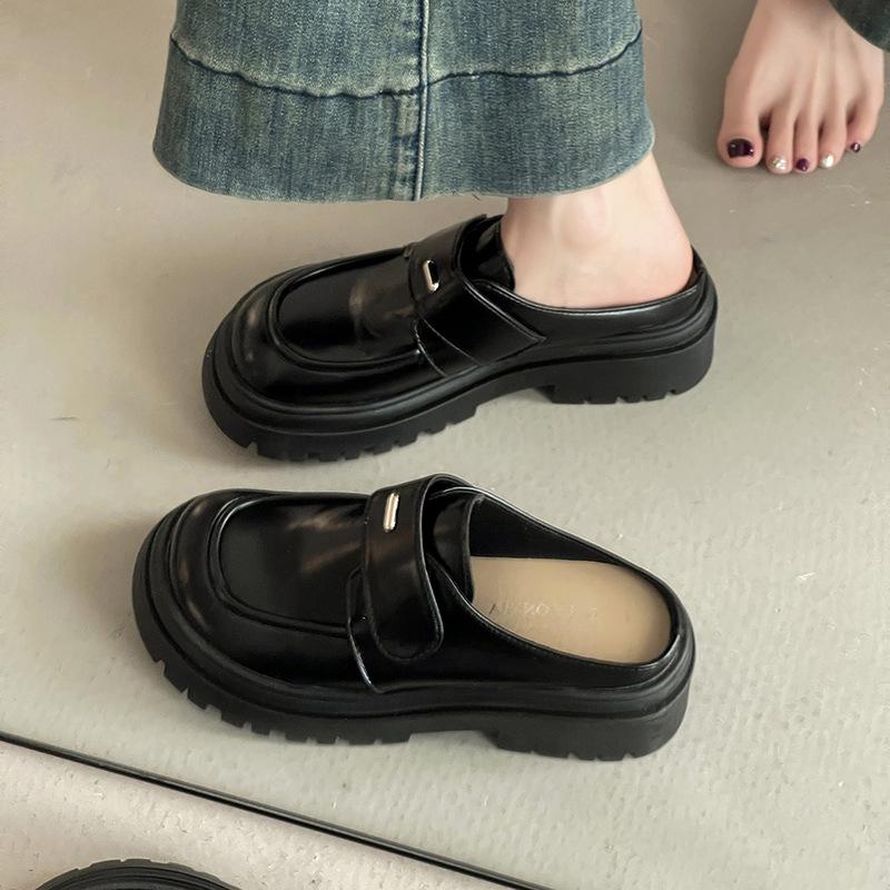 Ji Xiao leather shoes casual Velcro women's imitation leather retro one-pedal platform slippers tide