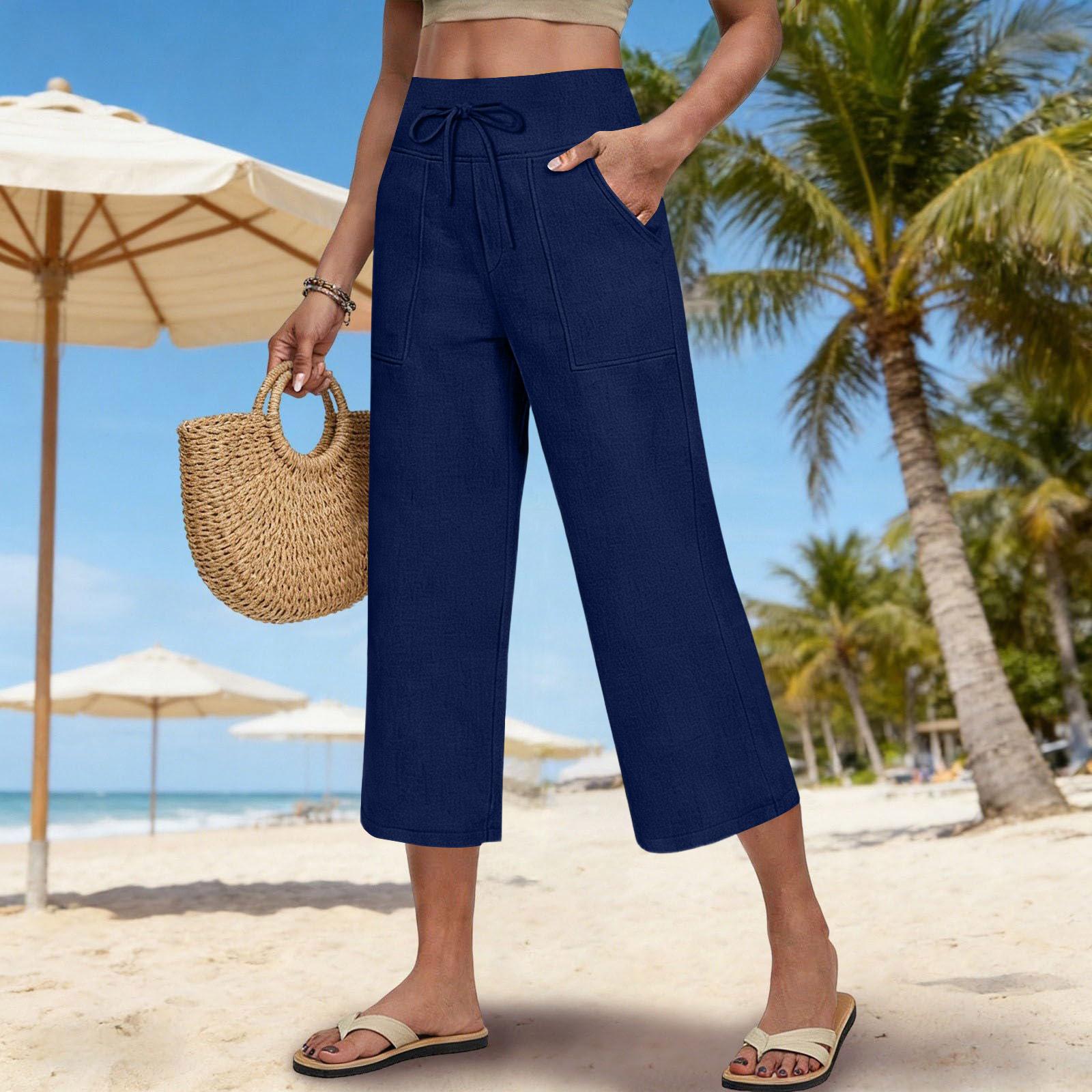 

Womens Palazzo Pants Summer Casual Flowy Wide Leg Trousers Beach Travel Vacation Outfits XL Темно-синій