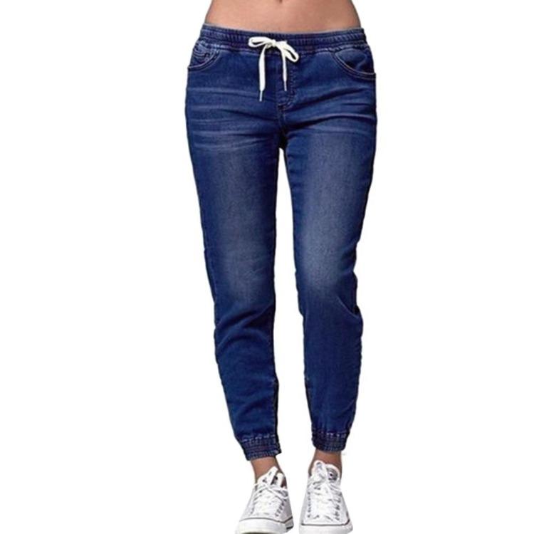 Plus Size Casual Denim Pants Women Loose Elastic Waist Jeans with Drawstring Long