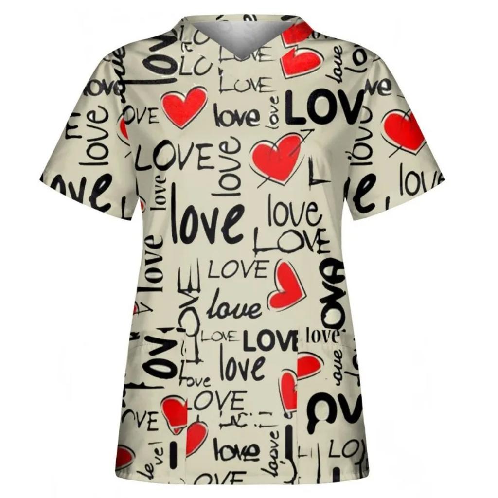 Women's Nursing Uniform with Romantic Heart Pattern Print Women's Short Sleeved Uniform Fashionable Casual and Comfortable