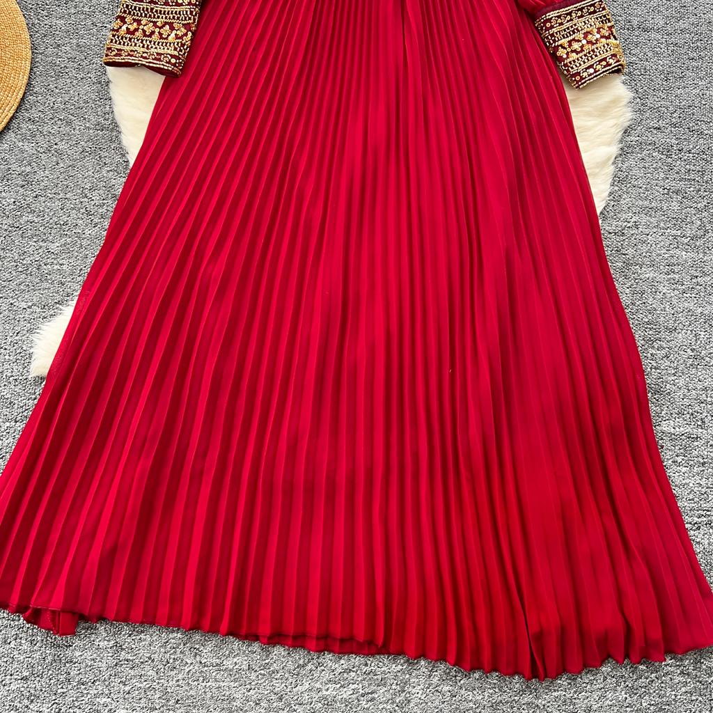 Temperament Robe Femme Maxi Dresses for Women Long Sleeve O-neck Sequin Slim Waist Vintage Pleated Dress 2025 Vestidos De Mujer
