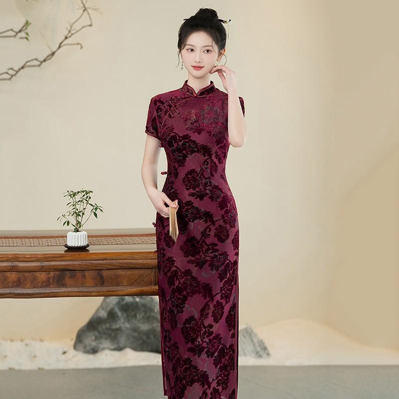 LongChinese-style Qipao Dress Women Vintage Fit Short Sleeve Daily Wear With Stand Collar Side Slit