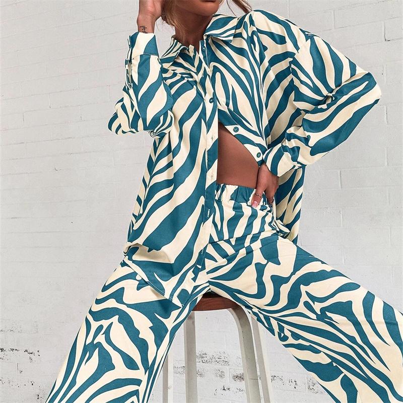 Autumn Elegant Long Sleeve Top And Elastic High Waist Trousers Suit Trouser Suits Loose Stripe Women Shirt Pants Two Piece Set