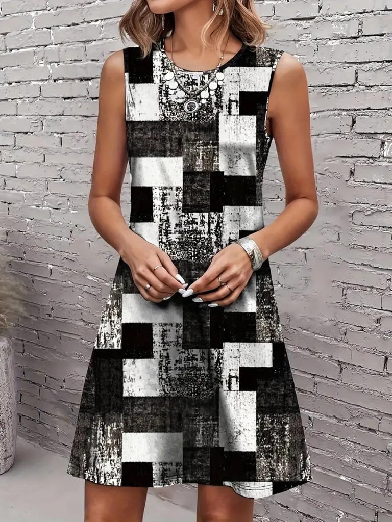 Summer Simple Geometric Floral 3D Print Sleeveless Vest Dress Spring And Summer Vacation Style Dress For Women