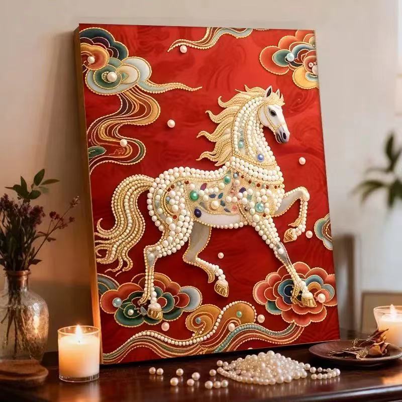 Decorative Painting Material Package, Handmade Diy National Style Ornament, Year Of The Horse Pearl Painting With Photo Frame, Living Room Entrance