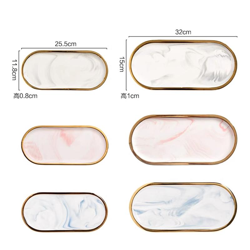 Creative Gilt Border Marble Ceramic Oval Tray Western Dinner Plate Dessert Plate Home Jewelry Storage Tray Interior Decoration