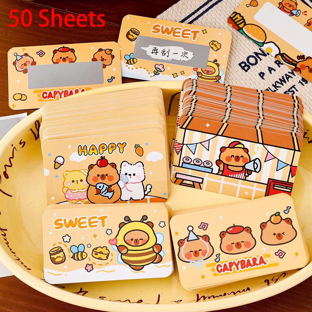 50 Sheets Cartoon Animal Capybara Theme DIY Rewards Scratch Cards Invitation Cards for Kids Birthday school reward Party Decor