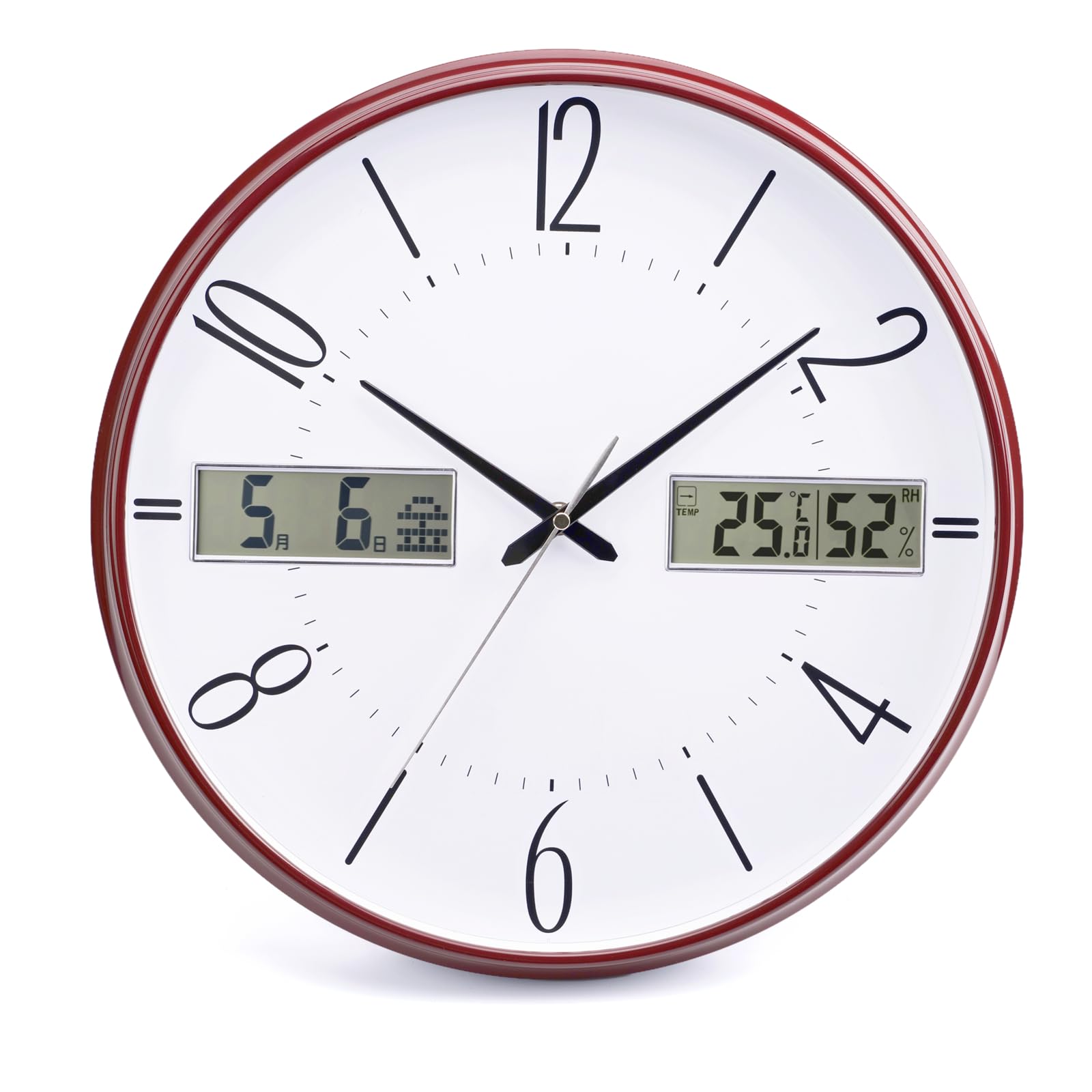 

Wall diameter silent continuous second date and day crimson frame clock, 38cm, design, hand, display, temperature/humidity display,