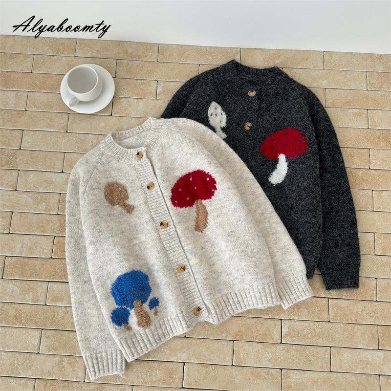 Autumn Winter Women Basic Sweater Cardigan Grey Beige Mushroom Cute Knitted Coat Knitting Elegant Warm Ladies' Outerwear