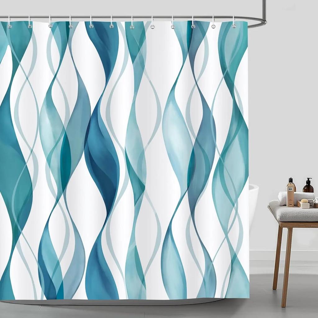 Blue striped shower curtain abstract wave lines modern minimalist bathroom decoration polyester fabric waterproof shower curtain