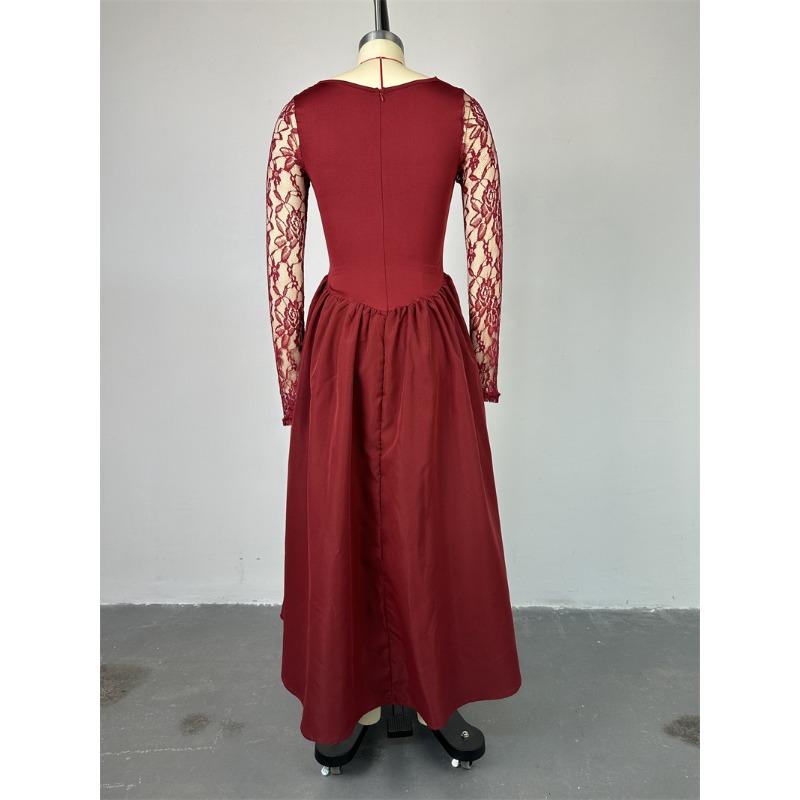 Damenkleid Frühling und Herbst Temperament Quadratischer Ausschnitt Spitze Langärmlig Tailliert Einfarbig Midilänge Kleider