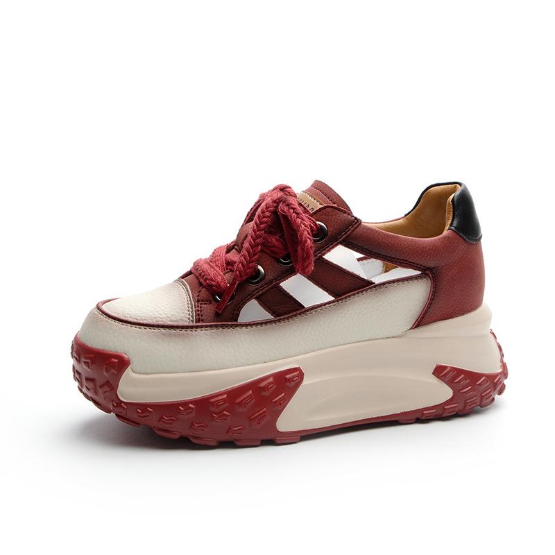 Daddy Shoes Leather Surface Hollow Women 2025 Summer New Retro Lightweight Inner Height Increase Casual Sports Shoes Platform Sandals