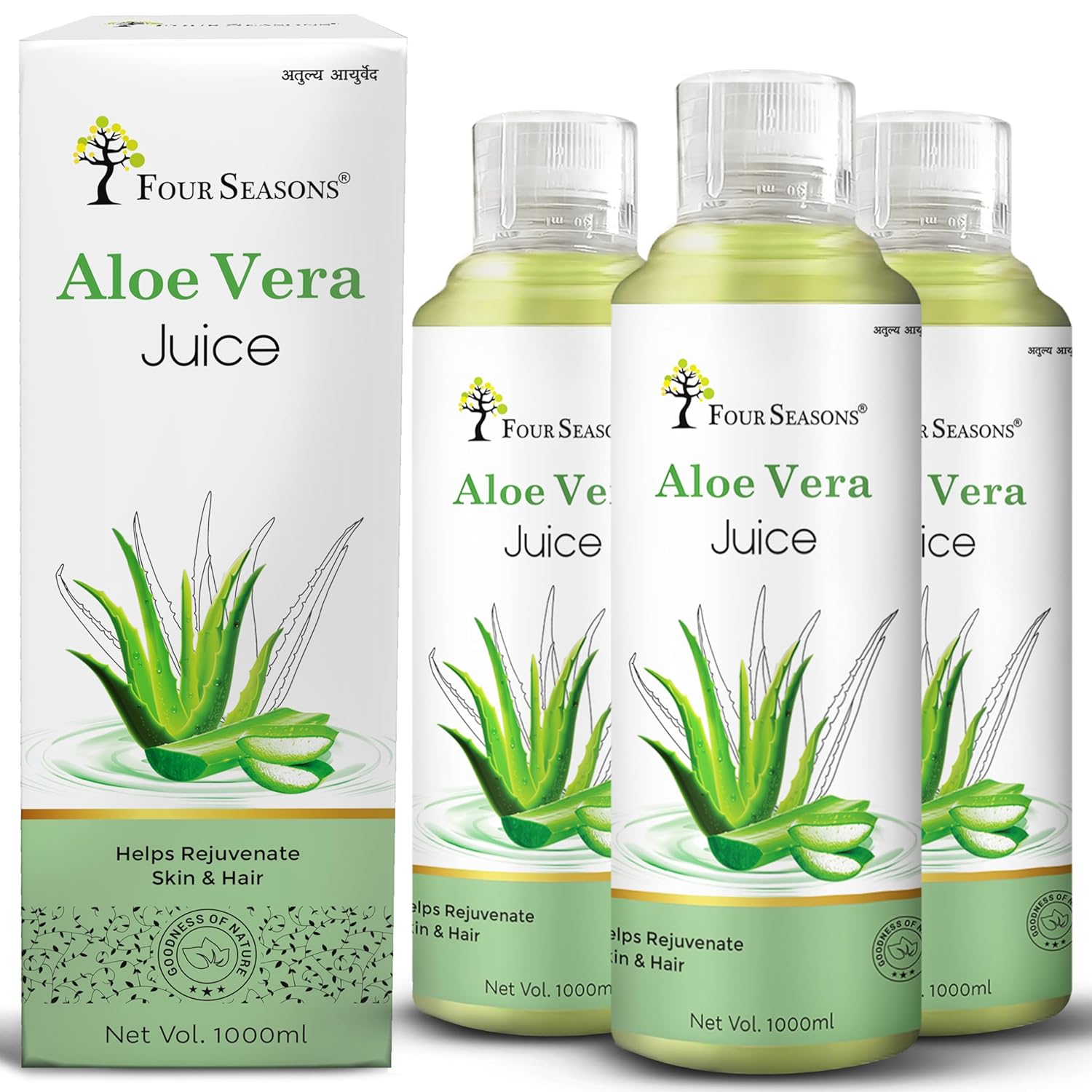 

Four Seasons Aloevera Juice Rejuvenates Skin & Hair Natural Juice, 1000ml 2.2lbs Each Pack Of 3