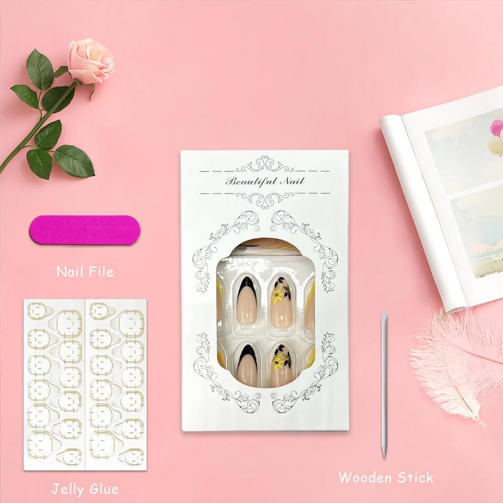 Black Yellow French Tip Press on Nails with Flower Design Long Almond Natural Glue on Nail Glossy Acrylic False Nails Reusable Artificial Stick on