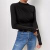 2024 High Neck Solid Color Slim-Fit Women's Long Sleeve Ruched T-Shirt