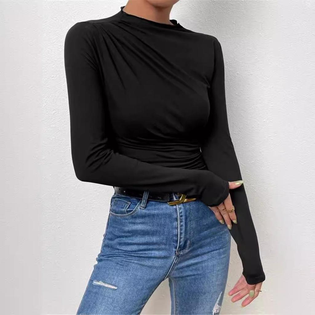 2024 High Neck Solid Color Slim-Fit Women's Long Sleeve Ruched T-Shirt
