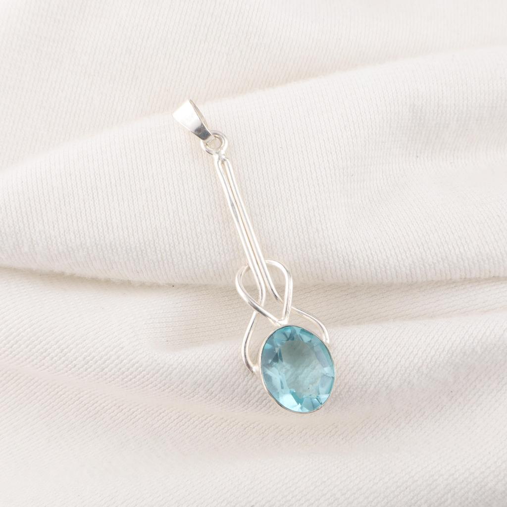 Himmelblauer Topas Edelsteinanhänger, Handgefertigter Wunderschöner Schmuck, 925 Massiv Sterling Silber Kunsthandwerksschmuck, Anhänger für Hochzeitsgeschenk