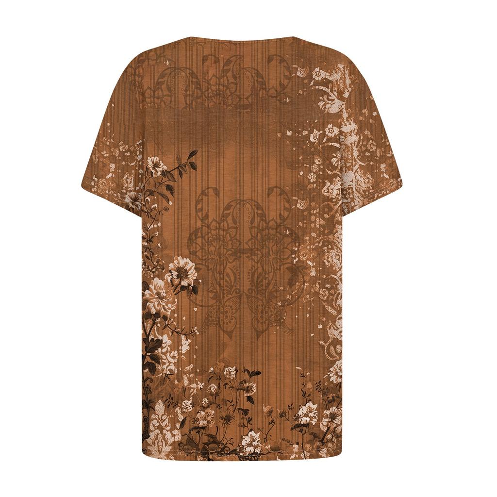 T-shirt da donna casual retrò stampata con bottoni, girocollo a maniche corte