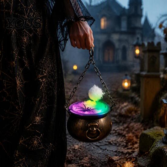 Cosplay Costume Accessories Halloween Cauldron Decoration, Spooky Large Witch with Colorful LED Light, Black Lighted Haunted House Props Plastic