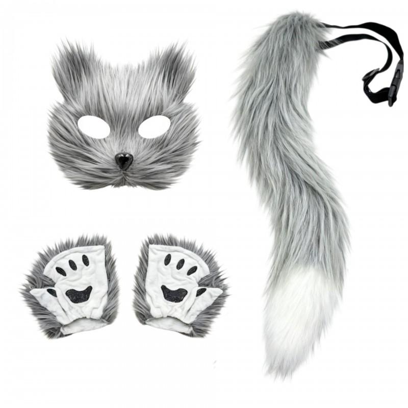 Halloween Cosplay Set Women Cute Cat Mask Plush Claw Gloves Fox Tail Accessories