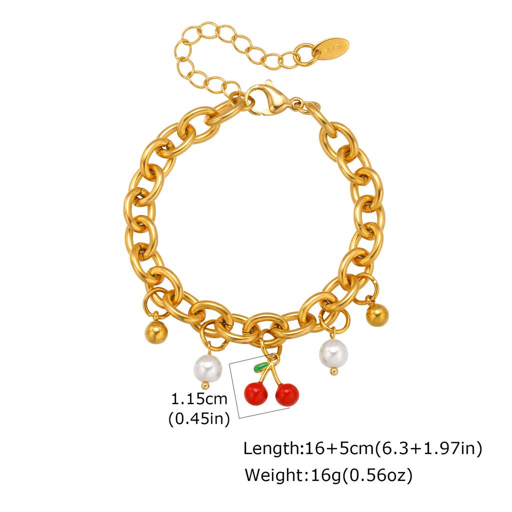 Sweet Mori Cherry Strawberry Pearl Stainless Steel Bracelet Women'S, Versatile Premium Adjustable Jewelry