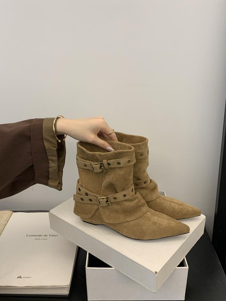 2025 new retro and thin versatile low-heeled pointed western boots women's suede autumn and winter short boots fashion
